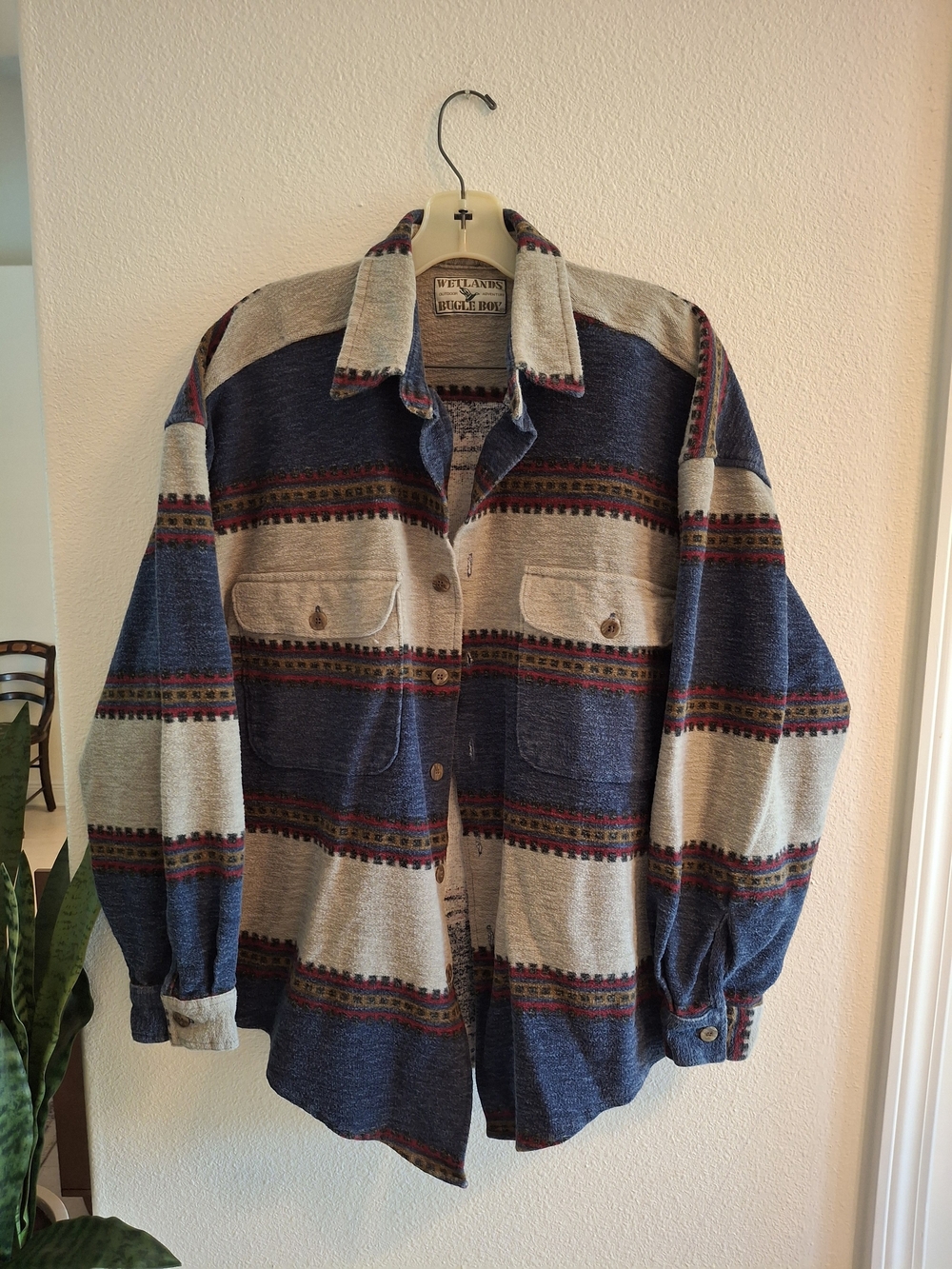 Vintage 90s Bugle Boy Blue and Cream Patterned Lightweight Shirt Jacket